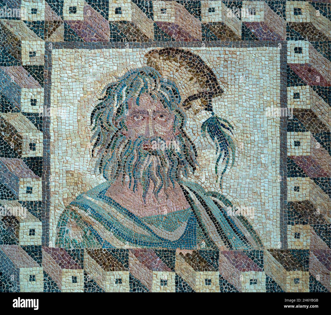 Part of the Four Seasons Mosaic in the House of Dionysos in Kato Paphos archeological park, Cyprus Stock Photo