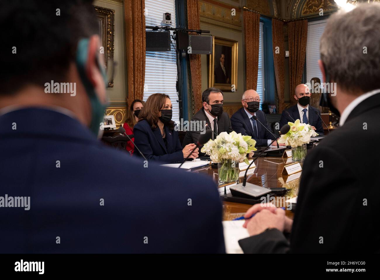 United States Vice President Kamala Harris hold a bilateral meeting with President López Obrador of Mexico in the Vice Presidents Ceremonial Office in the Eisenhower Executive Office Building November 18, 2021. Credit: Ken Cedeno/Pool via CNP /MediaPunch Stock Photo