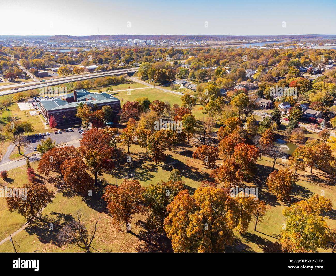 Aerial view of the beautiful fall color of the Owen Park at Tulsa