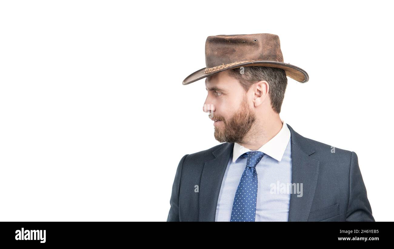 Be unique in yourself. Senior manager side-face. Manager in cowboy hat. Managing director Stock Photo