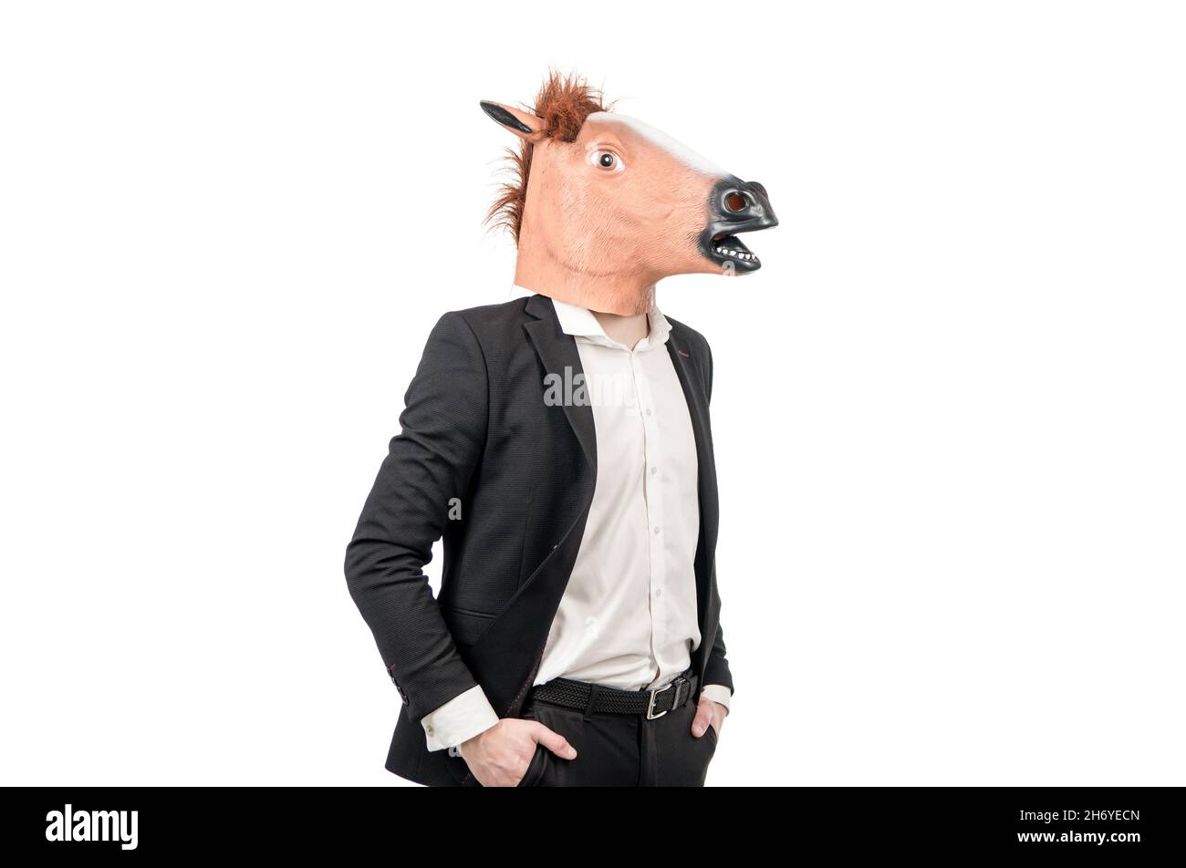 Professional hardworking man wear horse head mask with formal suit