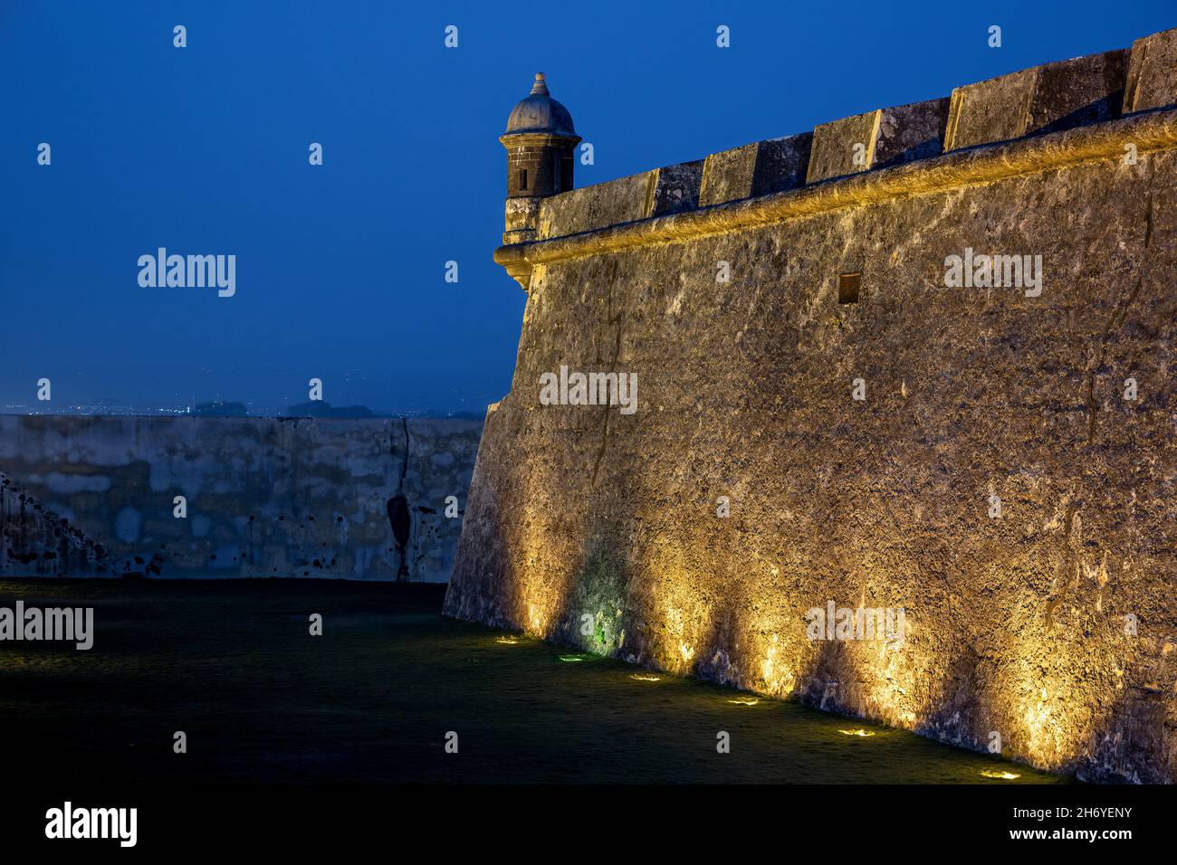 Garita (sentry house), defensive walls and dry moat, San Felipe del Morro Castle (El Morro), San Juan National Historic Site, Old San Juan, Puerto Ric Stock Photo