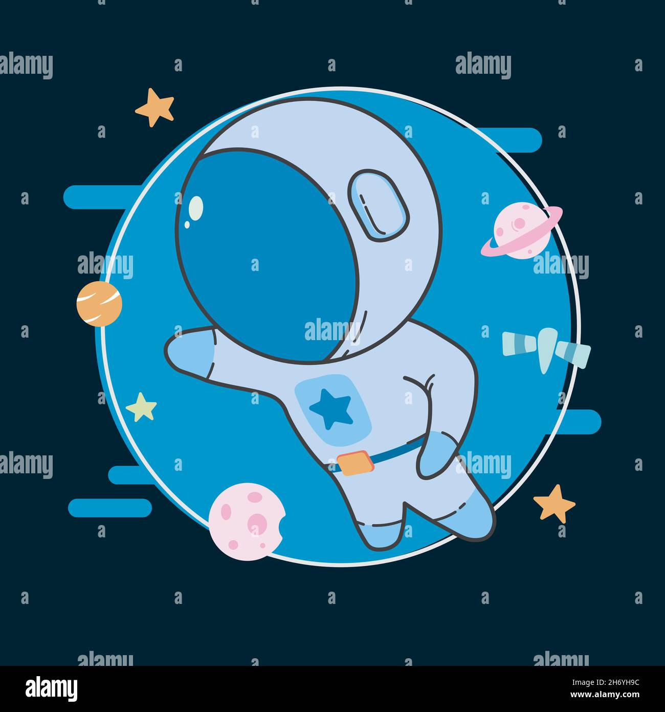 Vector illustration of cute characters dressed as astronauts, flying around planets, stars, satellites, and asteroids. Stock Vector