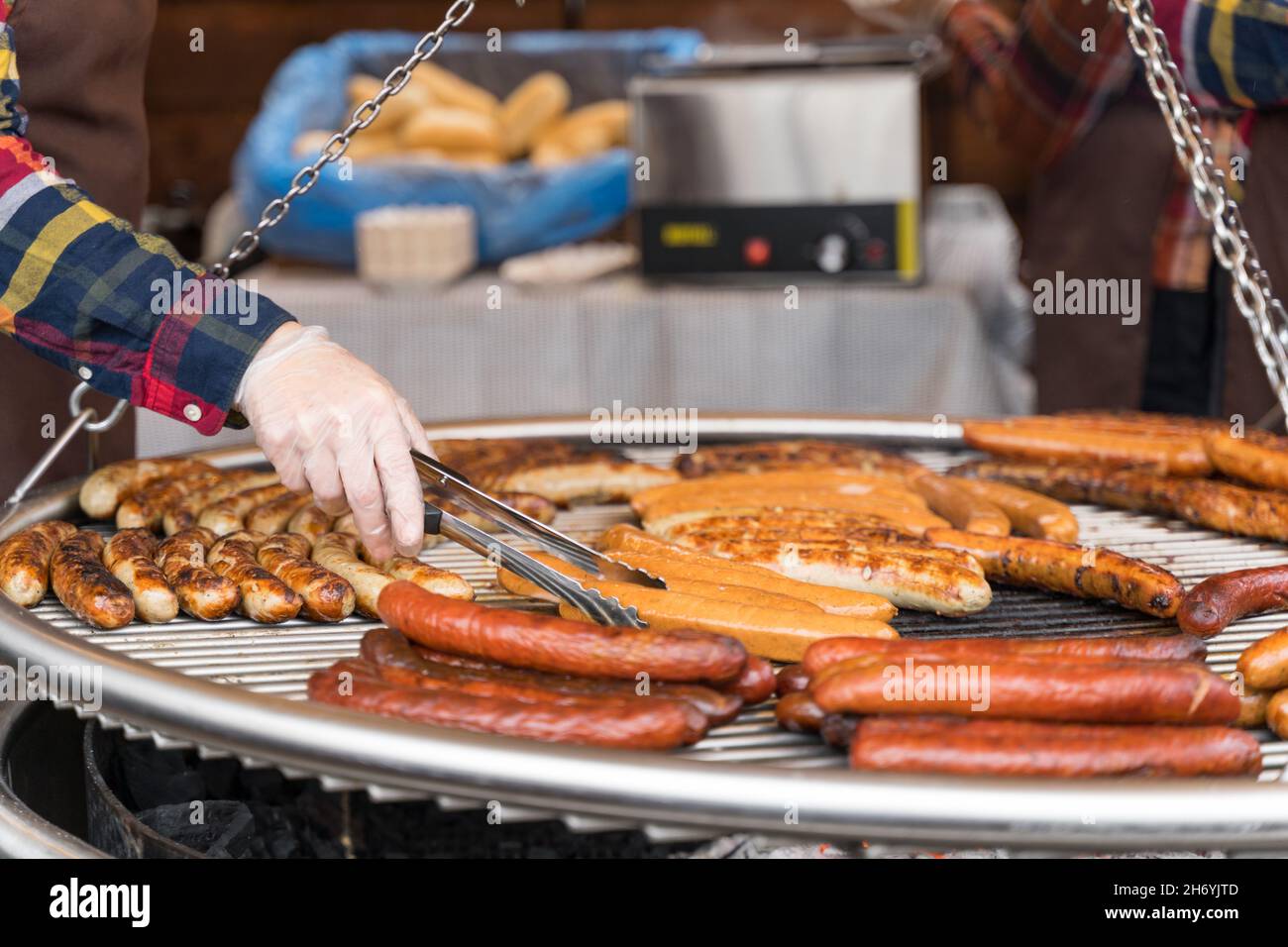 German sausage Bratwurst at Christmas Market in London West End Trafalgar Square England UK