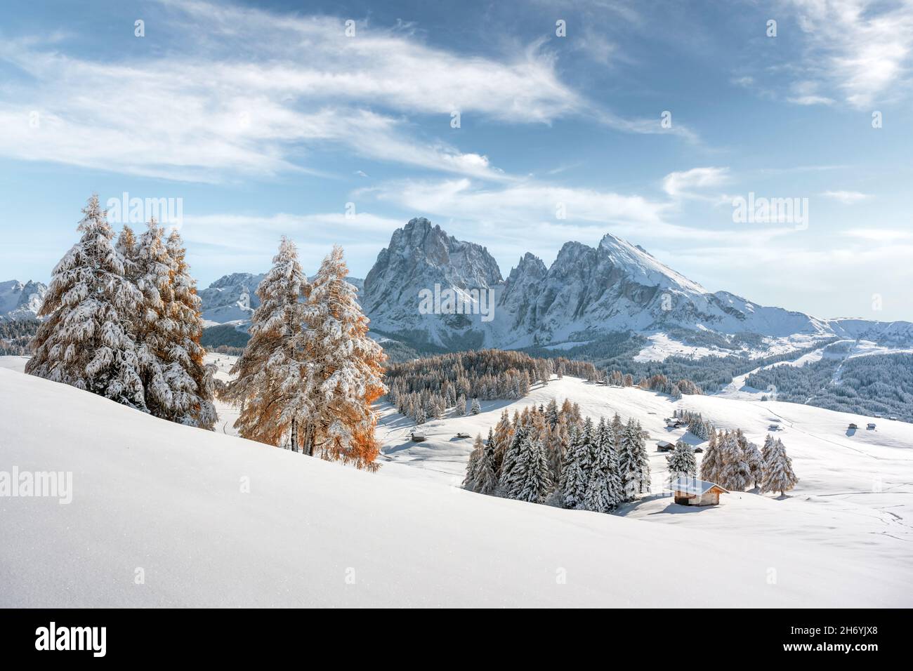 Picturesque landscape with small wooden house, cottage or log cabins on meadow Alpe di Siusi, Seiser Alm, Dolomites, Italy. Snowy hills with orange larch and Sassolungo and Langkofel mountains group Stock Photo
