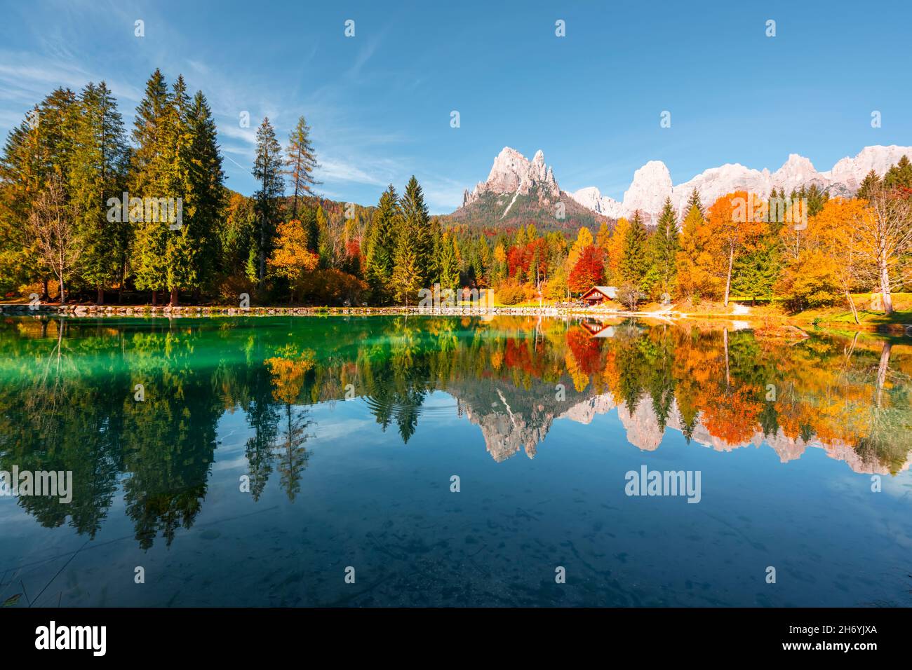 Picturesque view at autumn Welsperg lake in Dolomite Alps. Canali Valley, Primiero San Martino di Castrozza, Province of Trento, Italy. Landscape photography Stock Photo