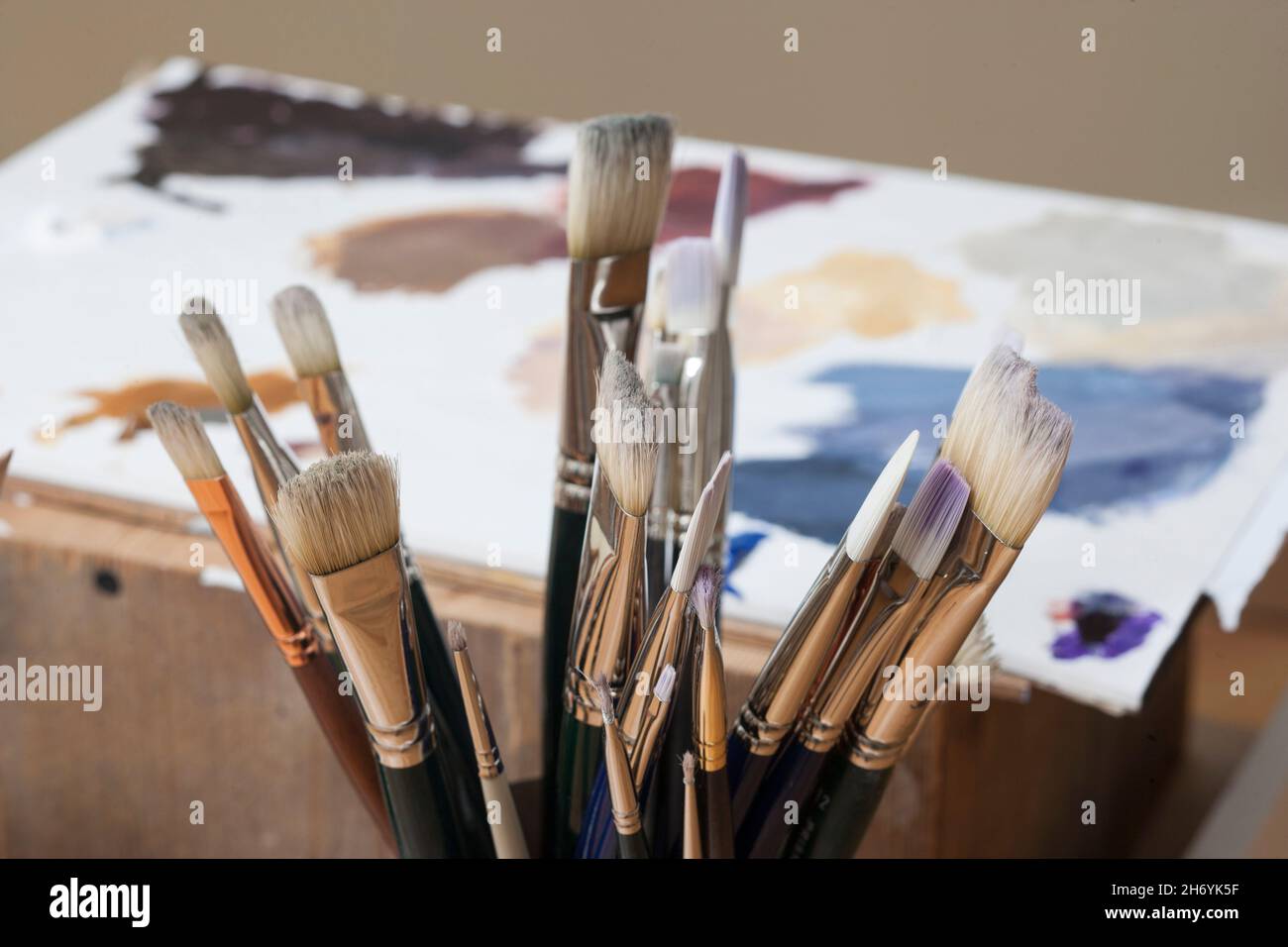 Artist's collection of paintbrushes Stock Photo