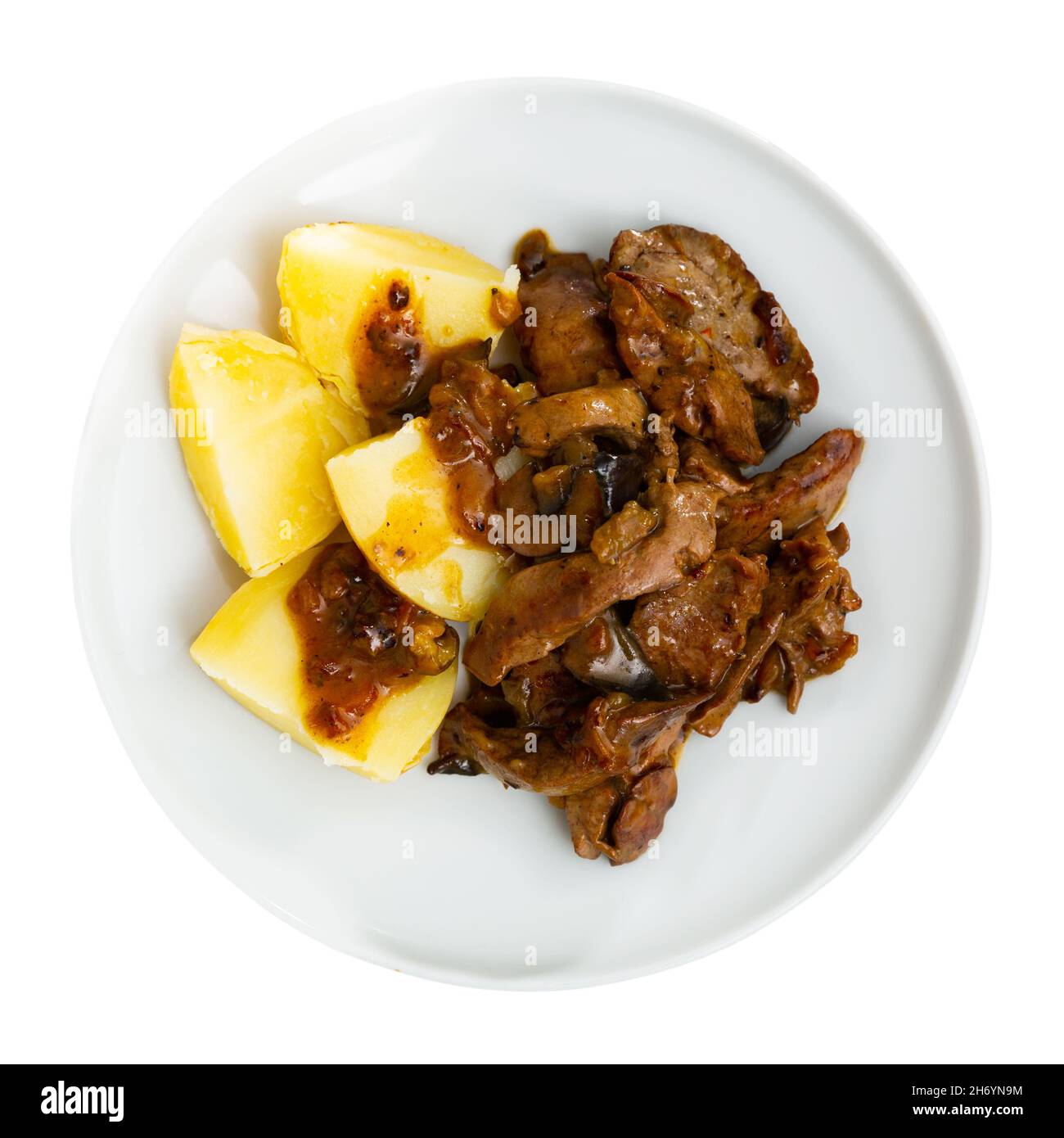Fried rabbit liver served with boiled potato Stock Photo