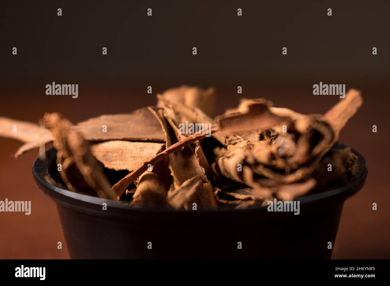 Close up of some cinnamon sticks in a glass pot on a brown table Stock Photo