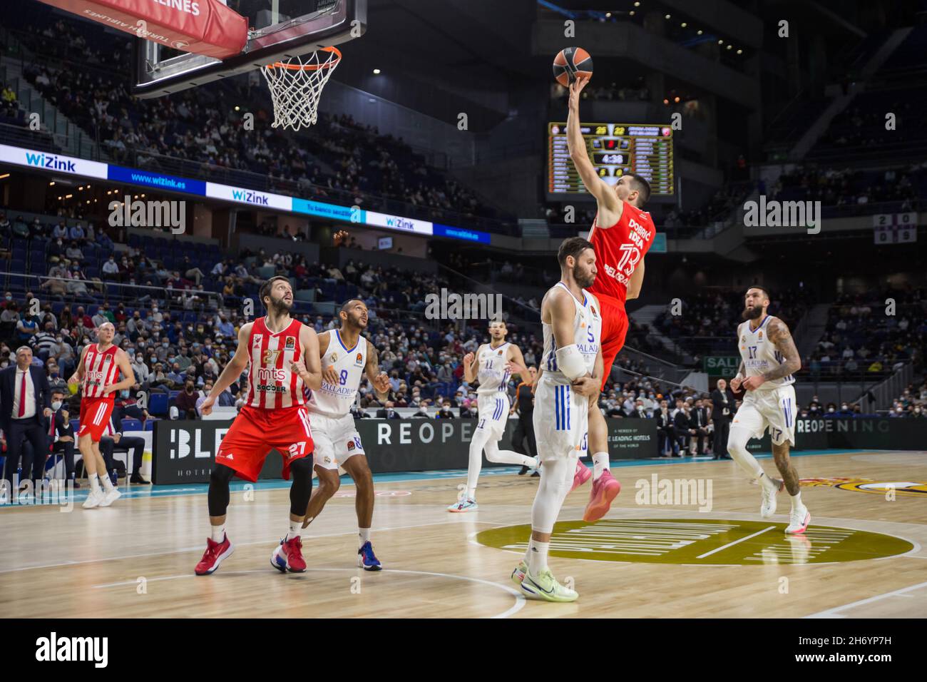 Madrid, Madrid, Spain. 18th Nov, 2021. Ognjen Dobri? (red right) during Real Madrid victory over Crvena Zvezad MTS Belgrade (79 - 67) in Turkish Airlines Euroleague regular season (round 11) celebrated in Madrid (Spain) at Wizink Center. November 18th 2021. (Credit Image: © Juan Carlos GarcÃ-A Mate/Pacific Press via ZUMA Press Wire) Stock Photo