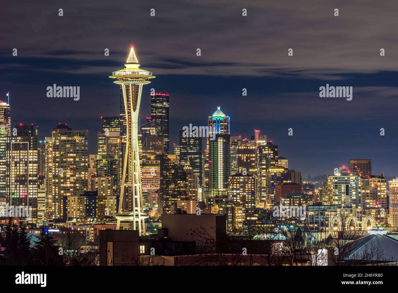 Downtown Seattle skyline with the Space Needle at night from Kerry Park in Washington Stock Photo
