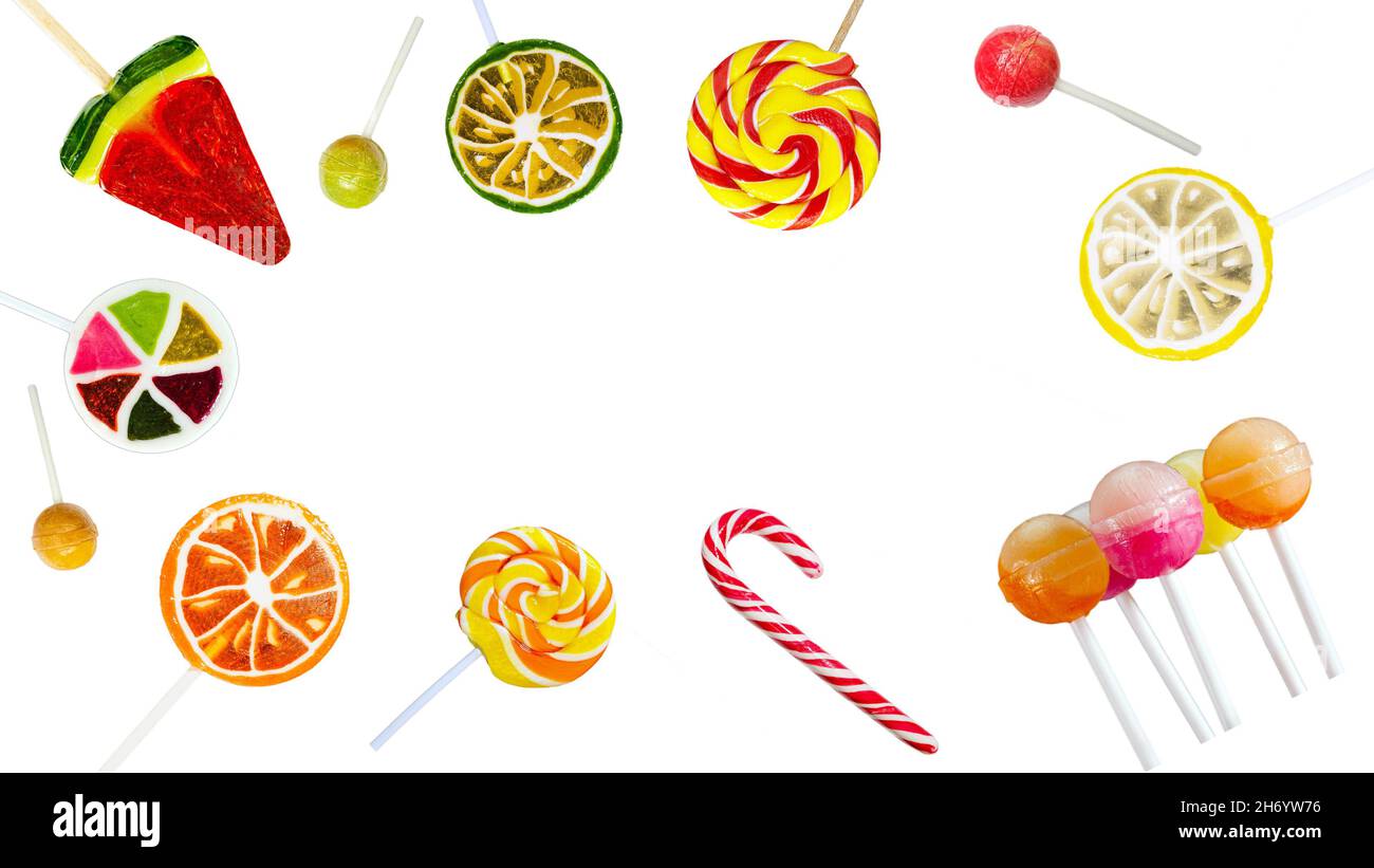 Mix lollipops different on white isolated background. Children's sweets copy space. Caramel banner Stock Photo