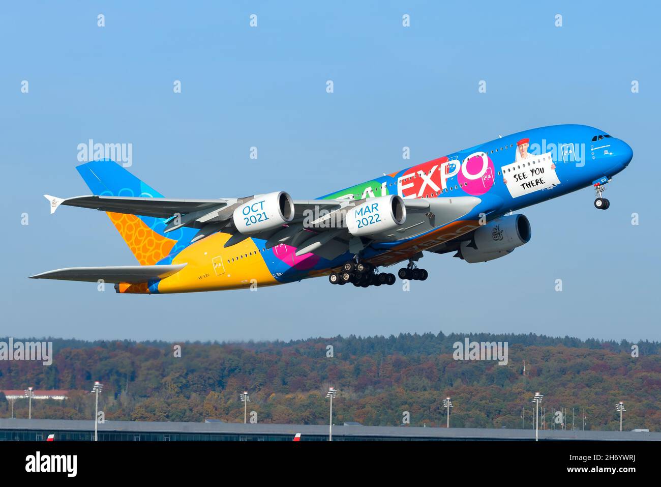 Emirates Airline Expo 2020 special livery Airbus A380 taking off. Airplane A380-800 featuring a colourful livery. Stock Photo