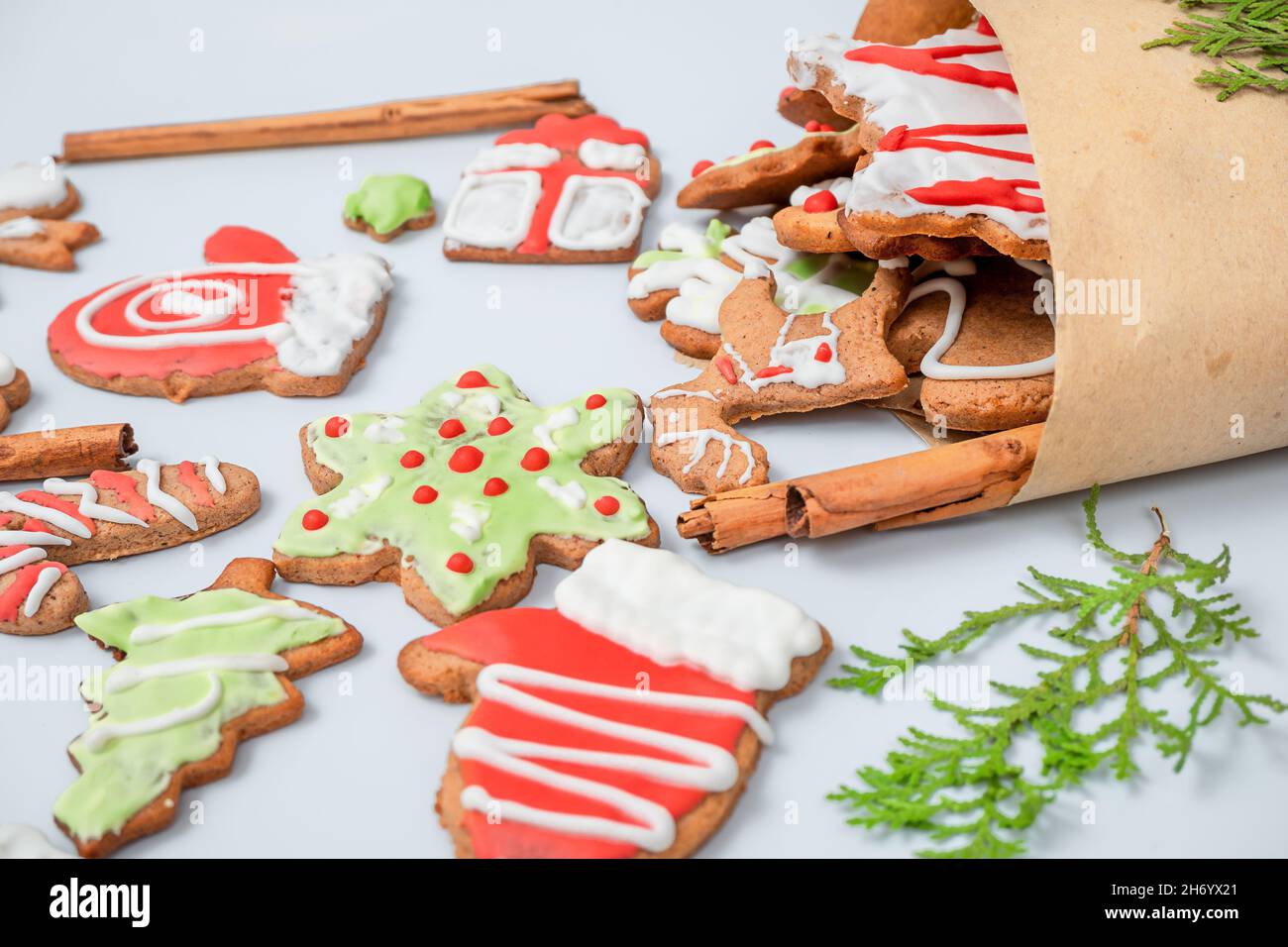 Christmas gingerbread cookies in a bag on a white surface Stock Photo