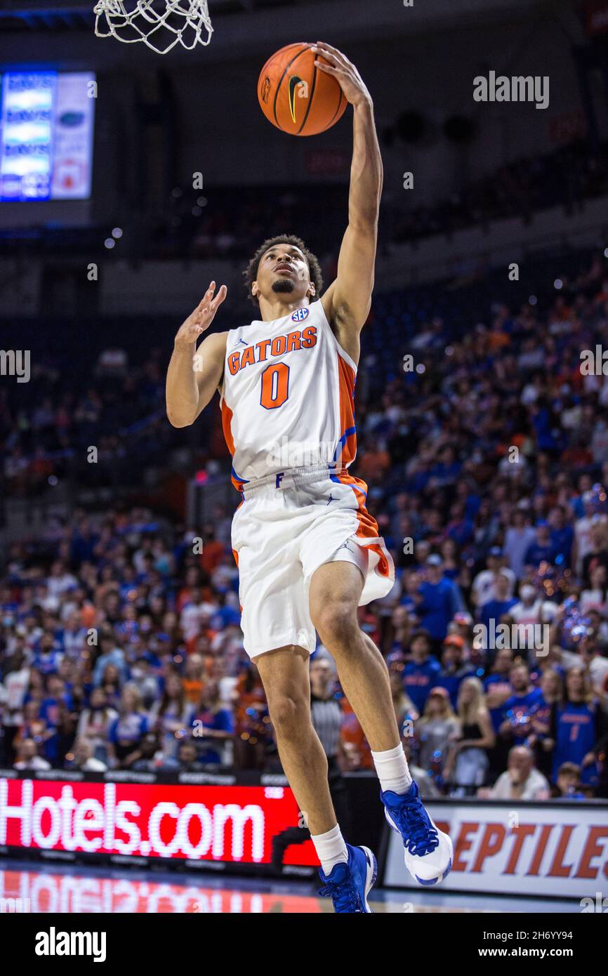 November 18, 2021: Florida Gators guard Myreon Jones (0) goes up for a layup during the NCAA basketball game between the Milwaukee Panthers and the Florida Gators at Stephen C. O'Connell Center Gainesville, FL. Jonathan Huff/CSM Stock Photo