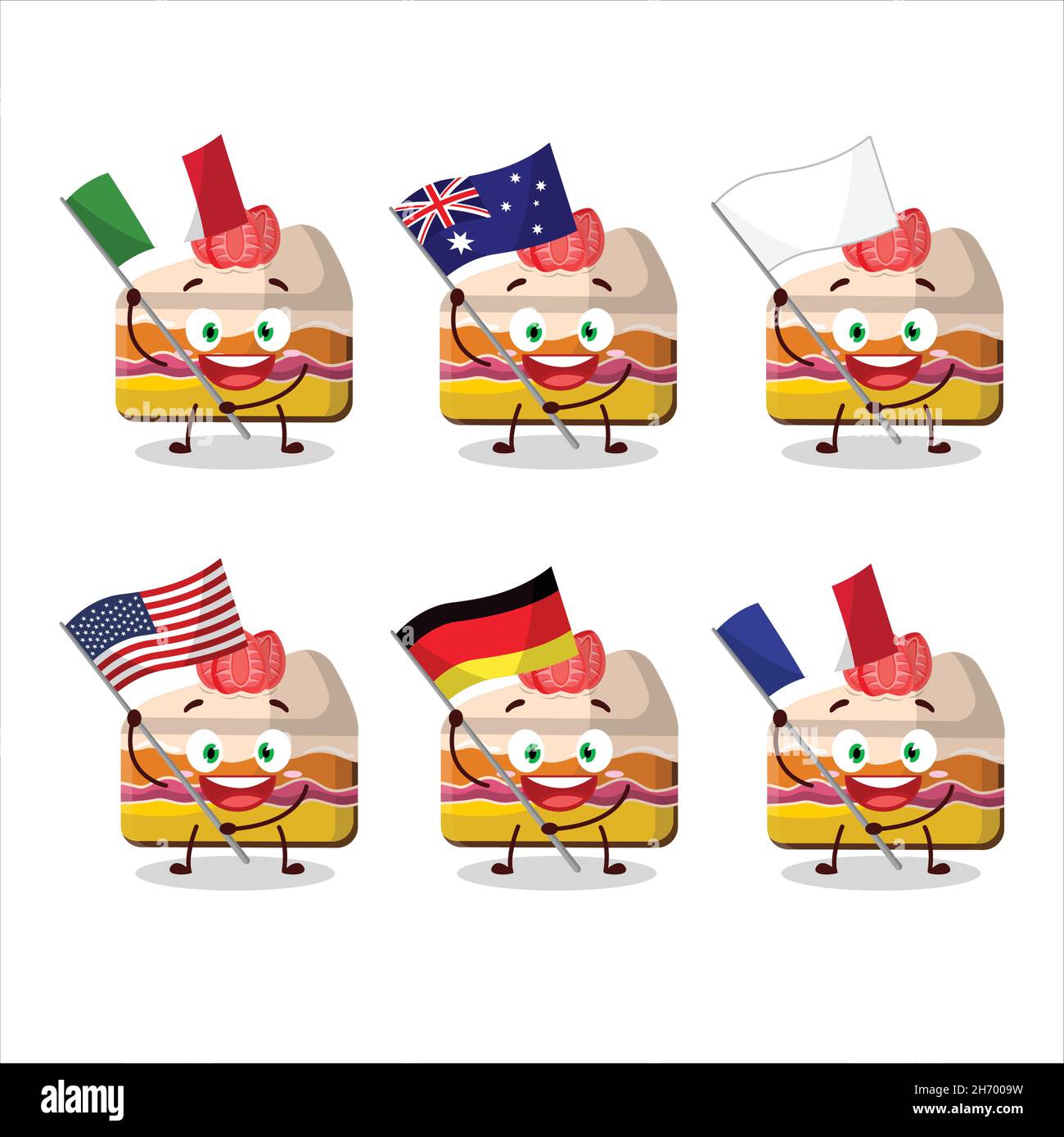Pudding Flags Slice of strawberry pudding cake cartoon character bring the flags of ...