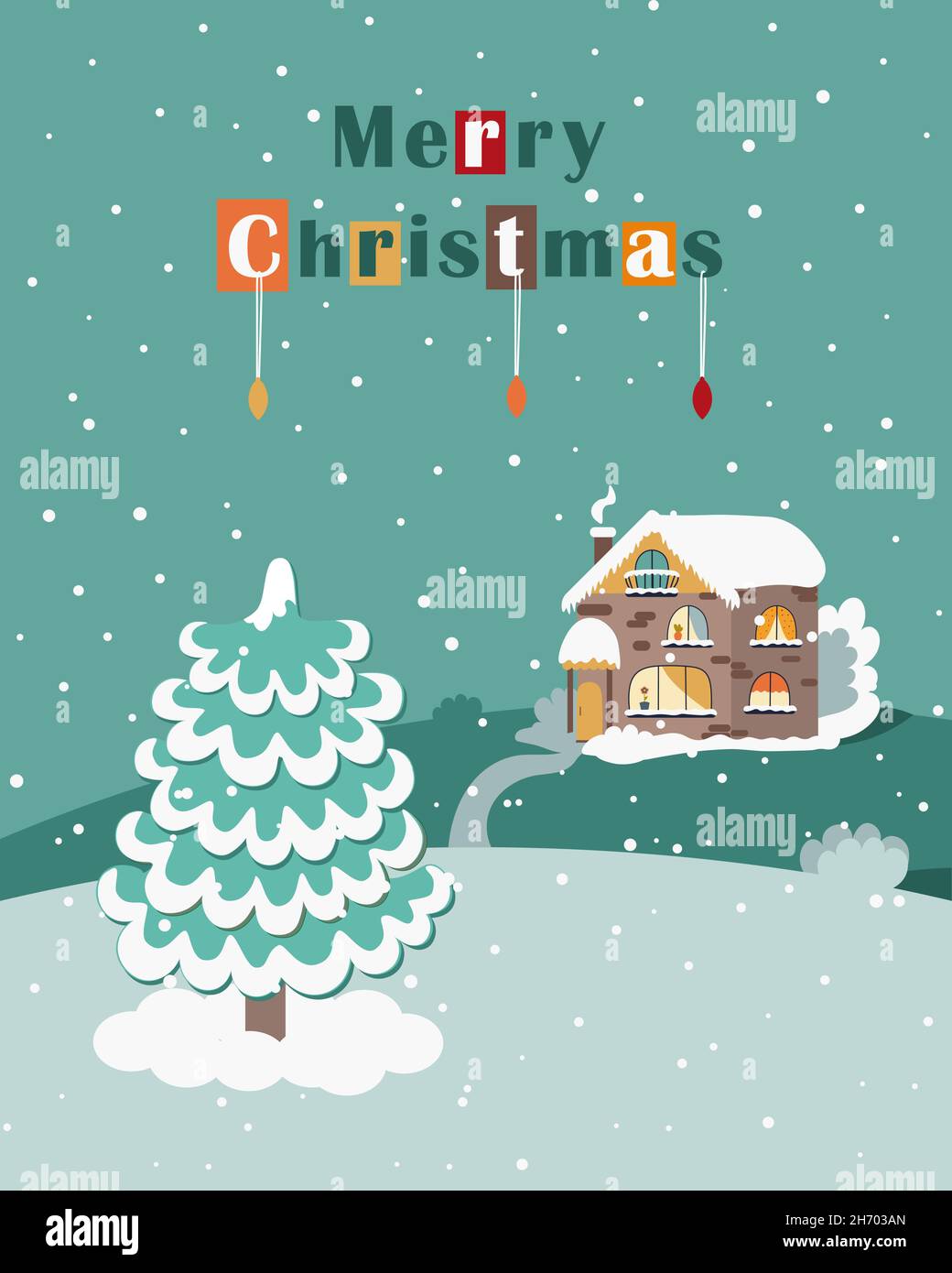 Christmas card with a Christmas tree in the snow, on the background of ...