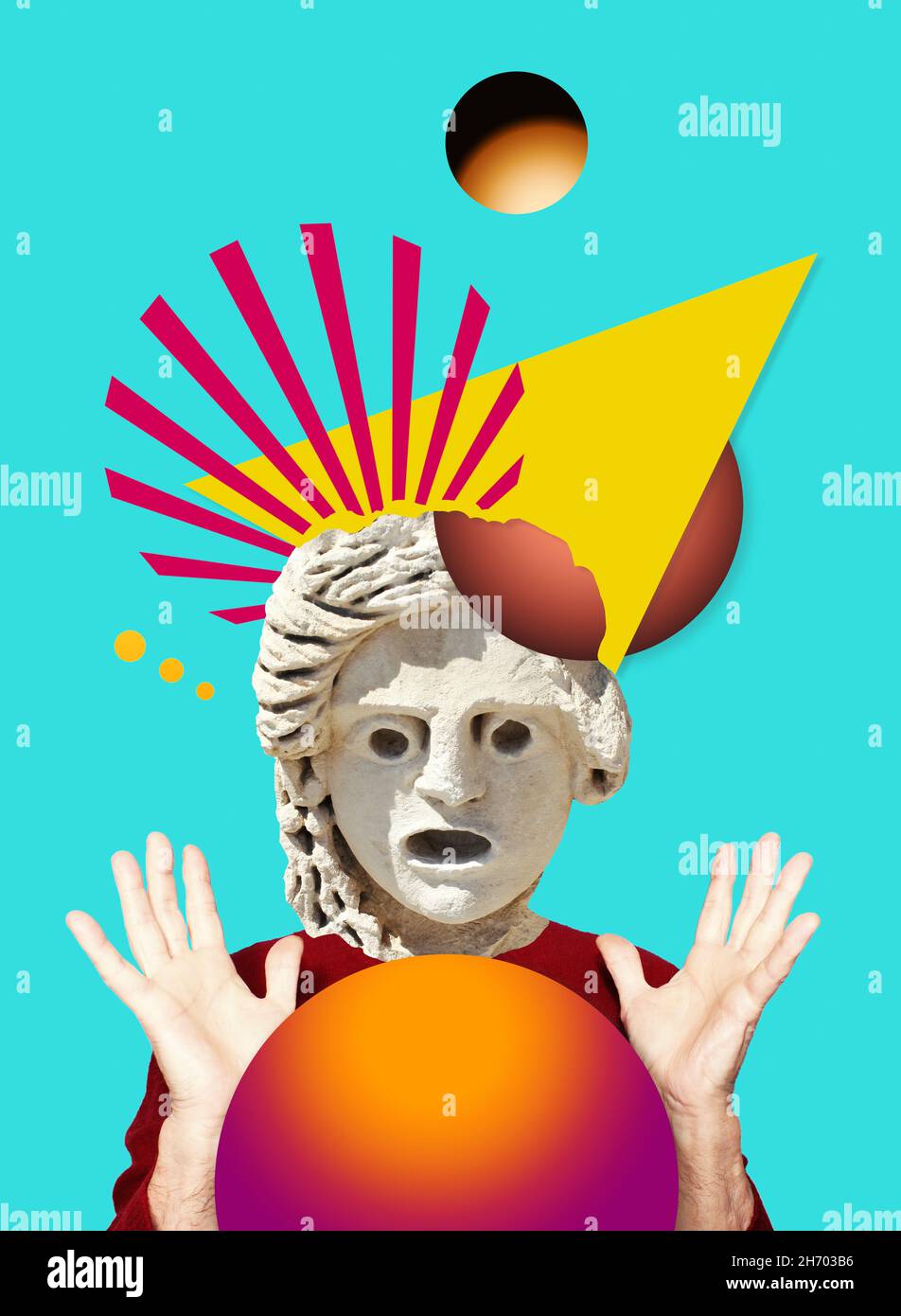 Contemporary digital collage of surprised statue head in pop art style Stock Photo