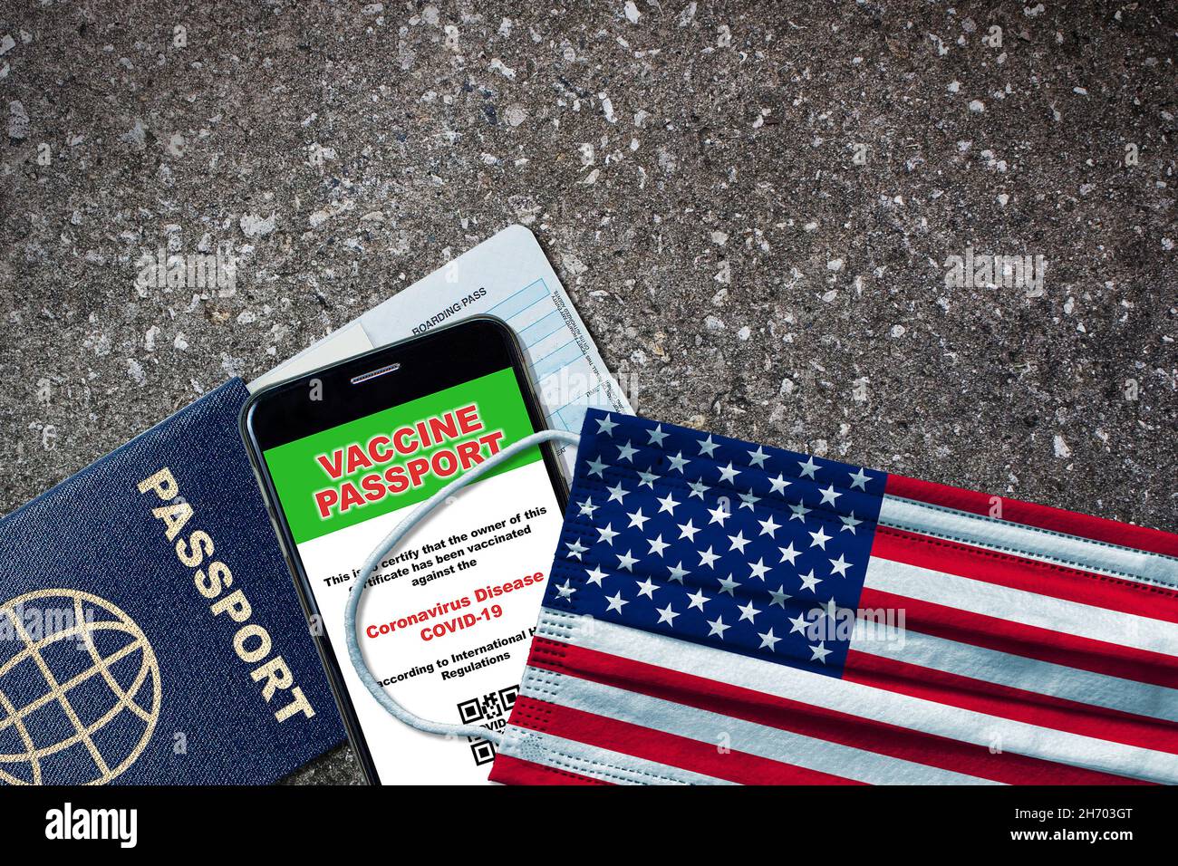 United States new normal travel with passport, digital vaccine on smartphone, boarding pass and face mask with US flag. Vaccine passport concept with Stock Photo