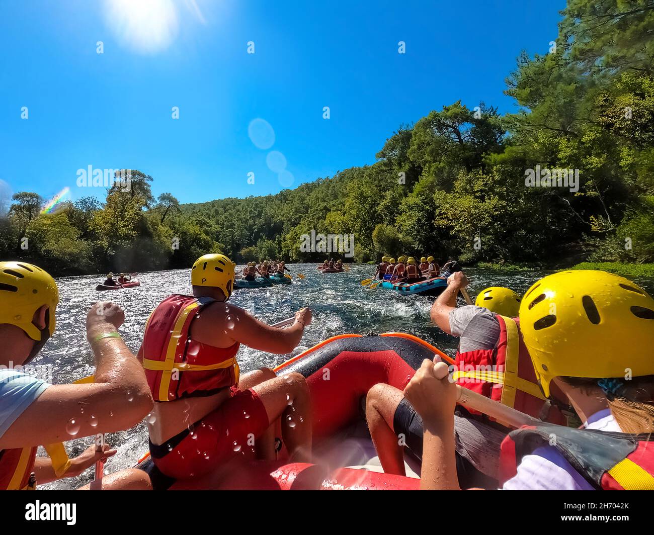 Water rafting on the rapids of river Kopryuchay River in Koprulu Canyon, Turkey. Kopryuchay River and Manavgat River is most popular rafters in Turkey Stock Photo