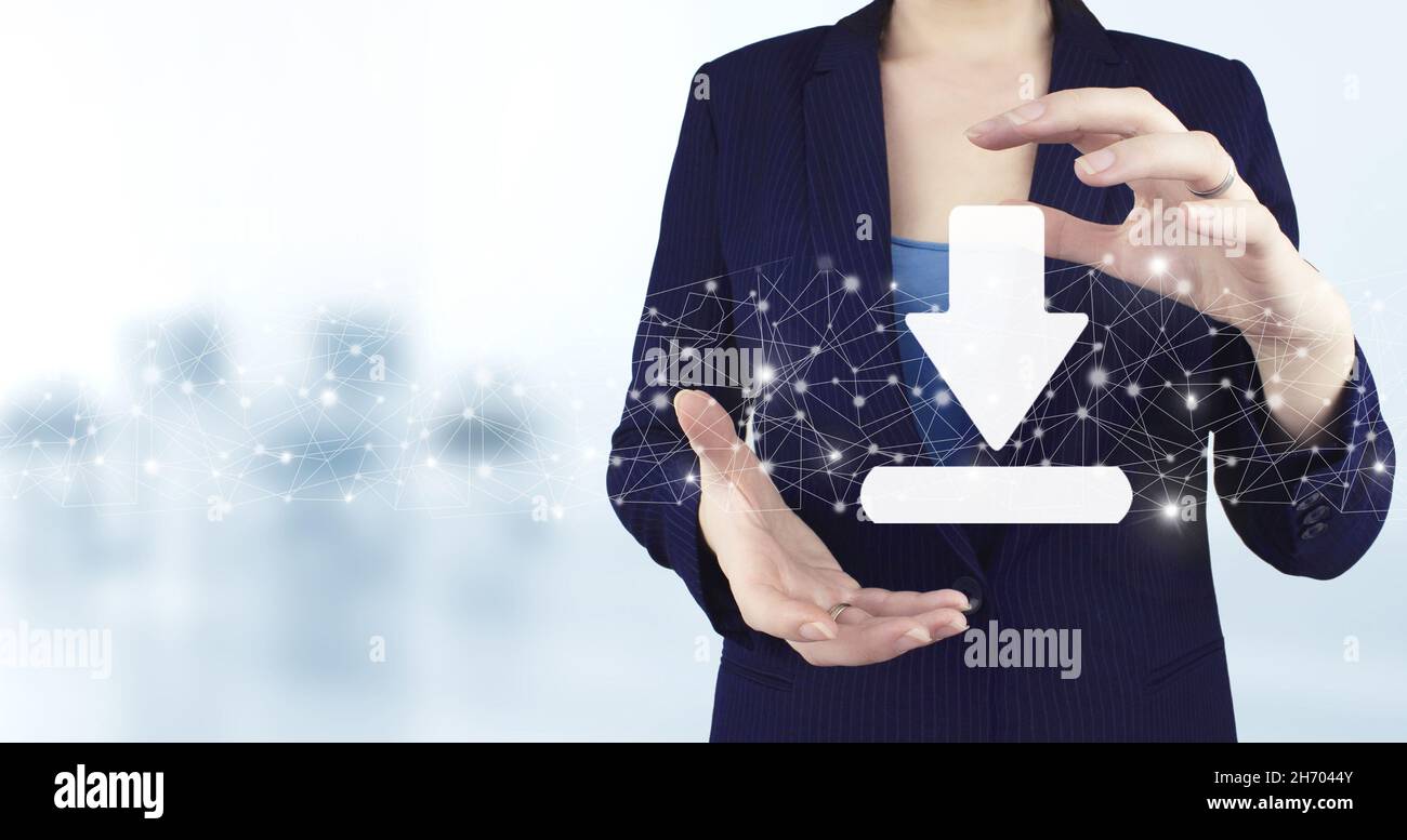 Download Data Storage Business Technology Network Concept. Two hand holding virtual holographic download, data icon with light blurred background. Upd Stock Photo
