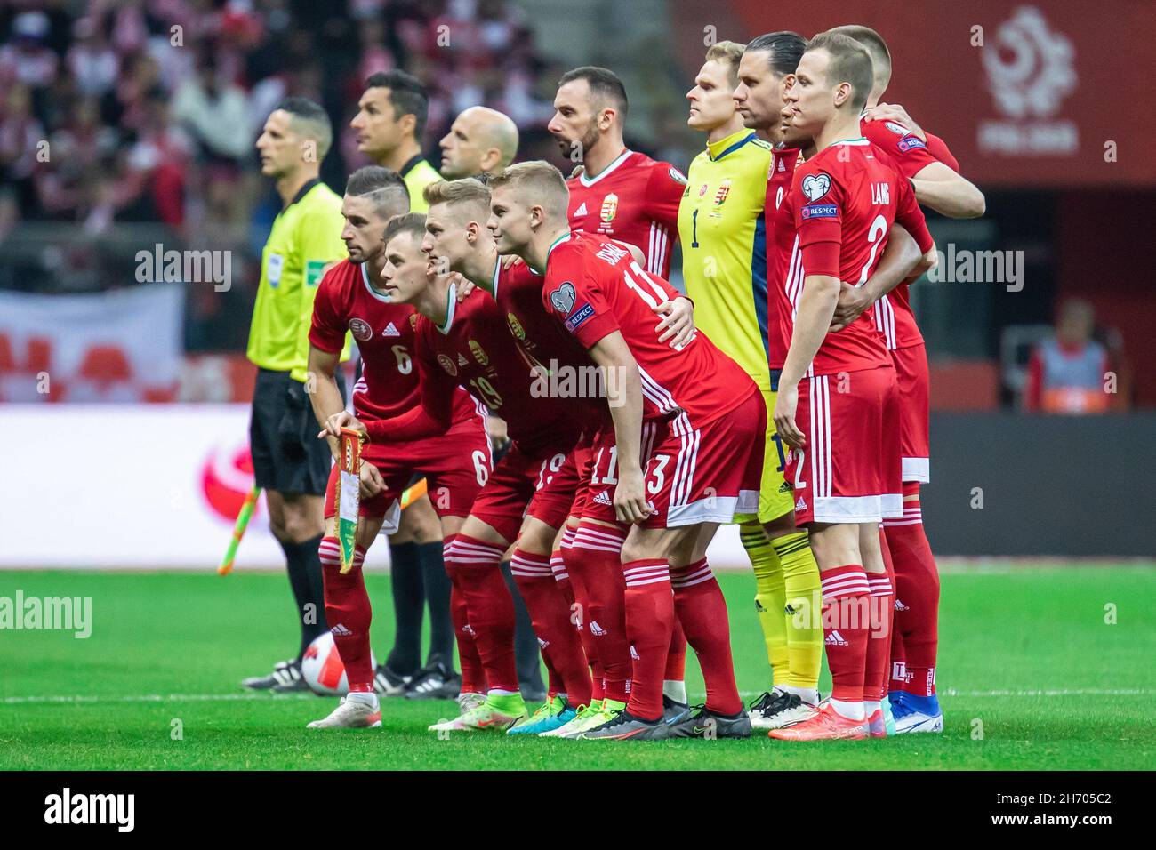 Warsaw, Poland. 15th Nov, 2021. Hungary national football team pose for a group photo during the FIFA World Cup 2022 Qatar qualifying match between Poland and Hungary at PGE Narodowy Stadium. Final score; Poland 1:2 Hungary. Credit: SOPA Images Limited/Alamy Live News Stock Photo
