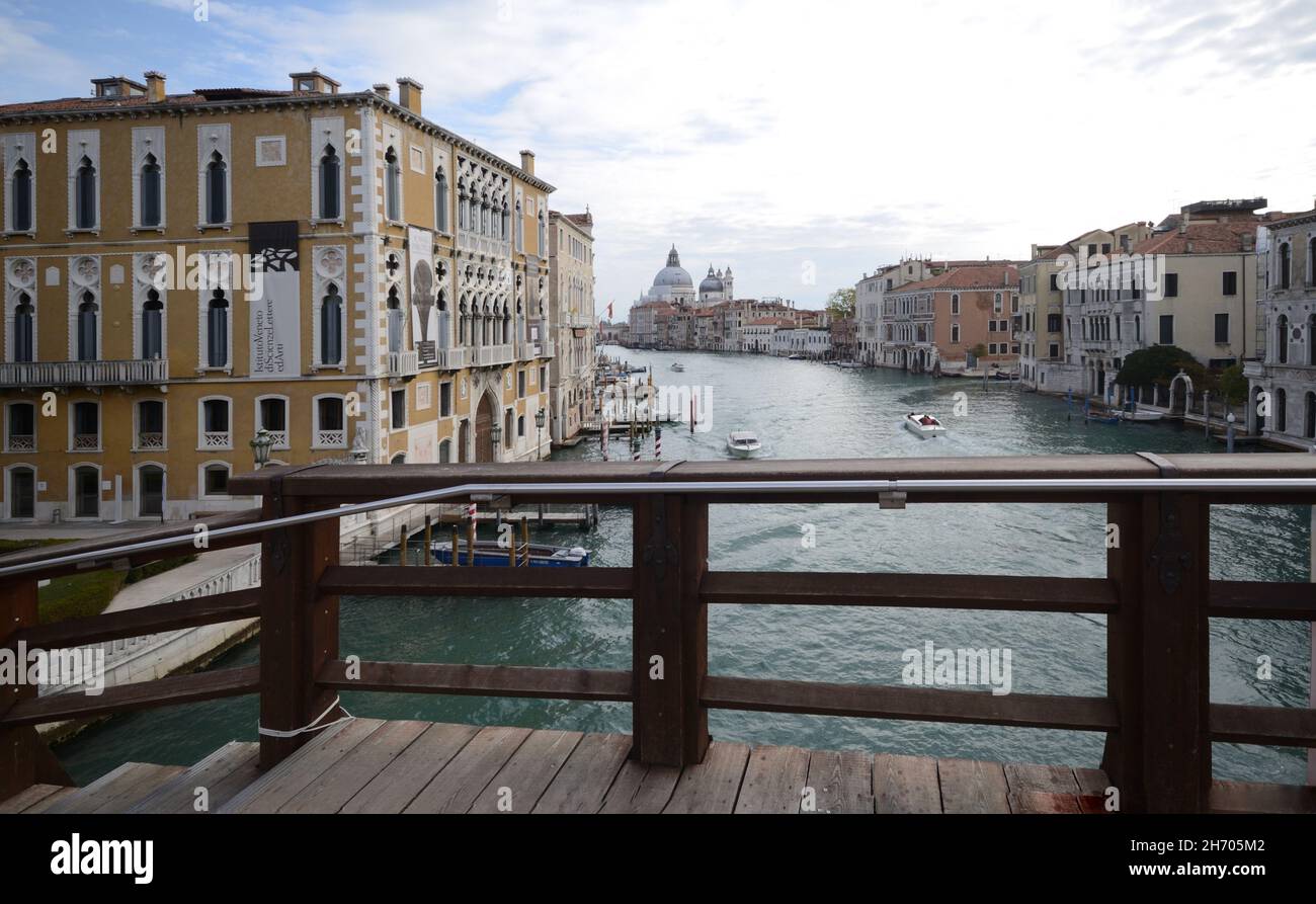 panoramic view of Canal Grande in Venice from the wooden bridge 'Ponte della Giudecca' Stock Photo