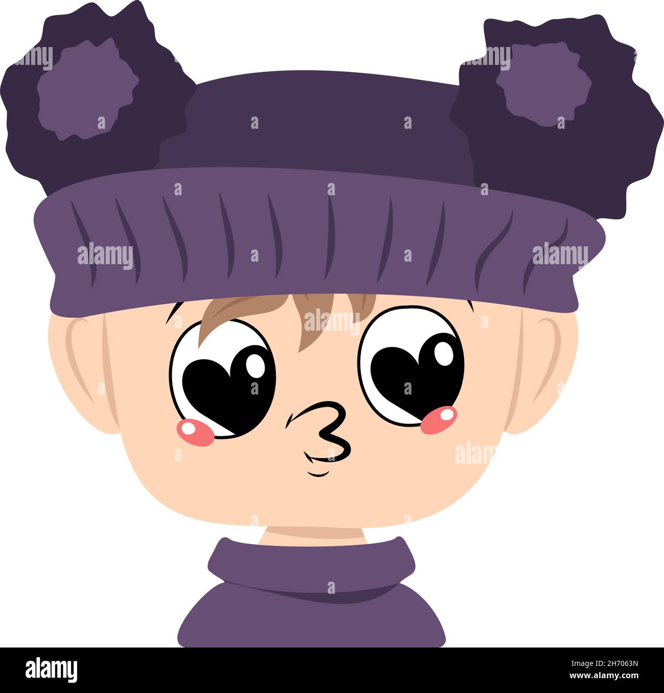 Child with big heart eyes and kiss lips in violet hat with pom pom. Head of toddler with loving face Stock Vector