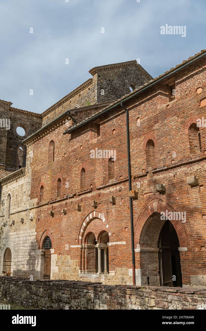 Abbazia di San Galgano (original name), the ruin of an ancient cathedral with collapsed roof, tourism destination in Tuscany, Italy. Interior view. Stock Photo