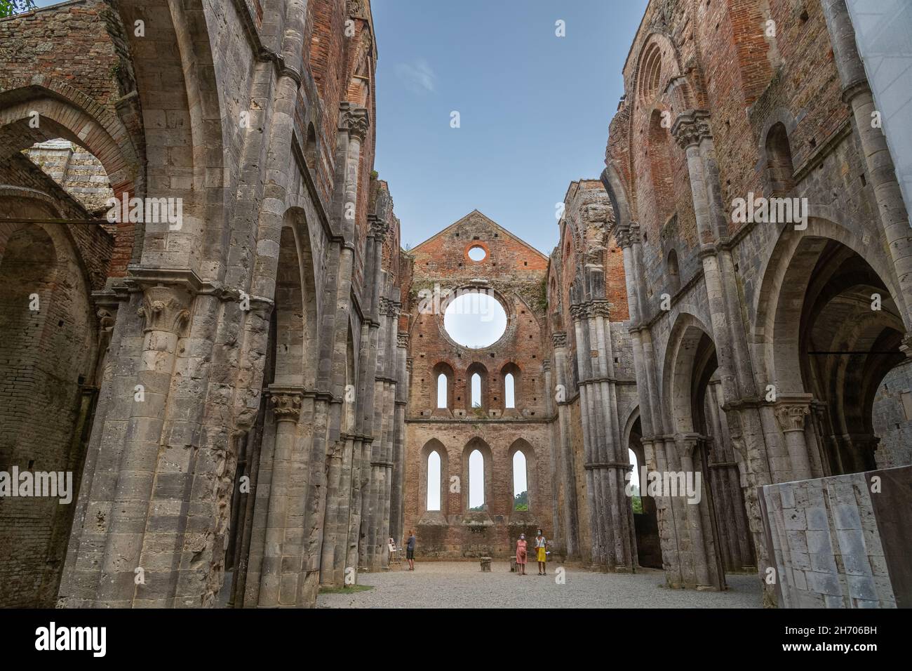 Abbazia di San Galgano (original name), the ruin of an ancient cathedral with collapsed roof, in Tuscany, Italy. Interior view Stock Photo