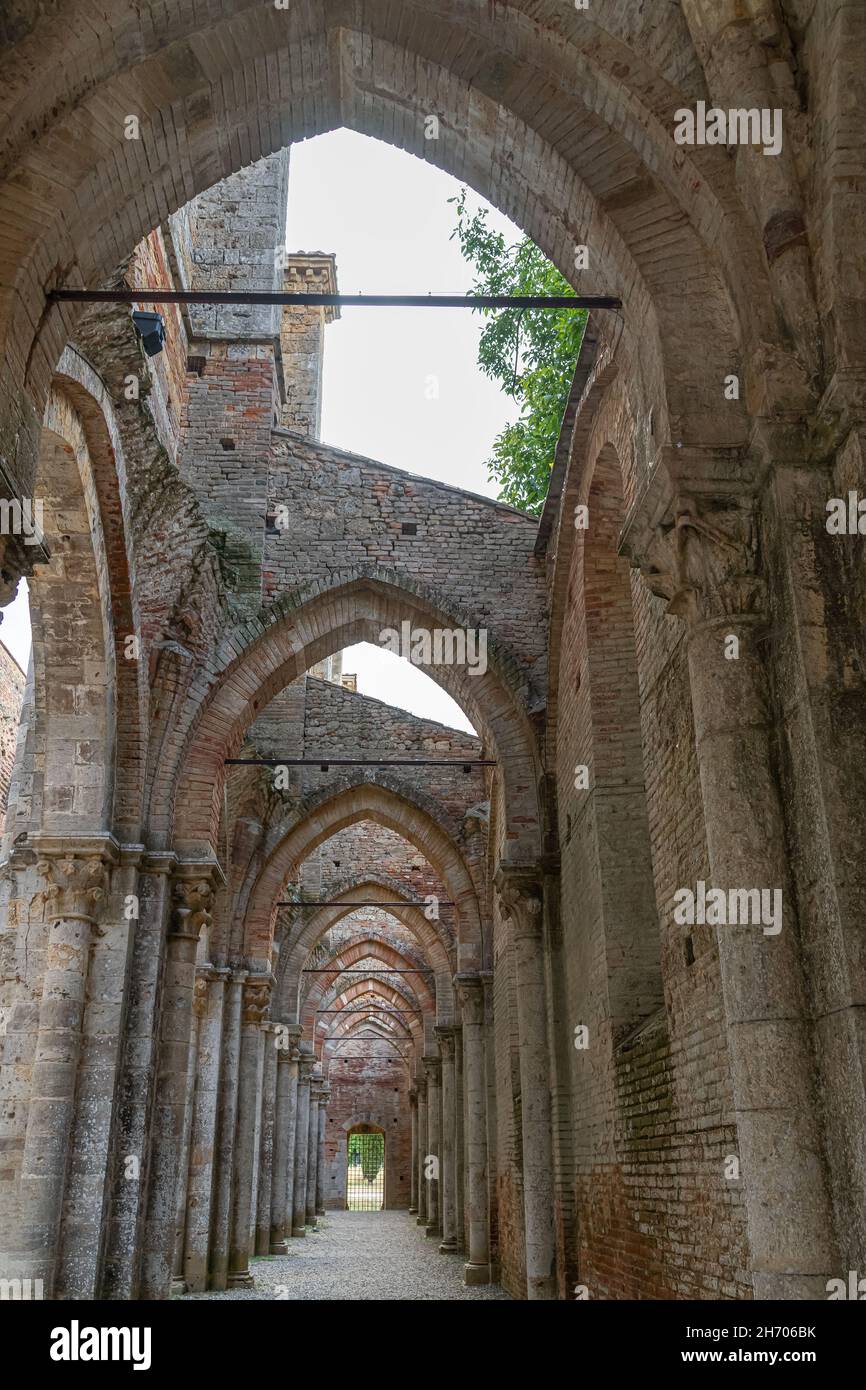 Abbazia di San Galgano (original name), the ruin of an ancient cathedral with collapsed roof, in Tuscany, Italy. Interior view Stock Photo