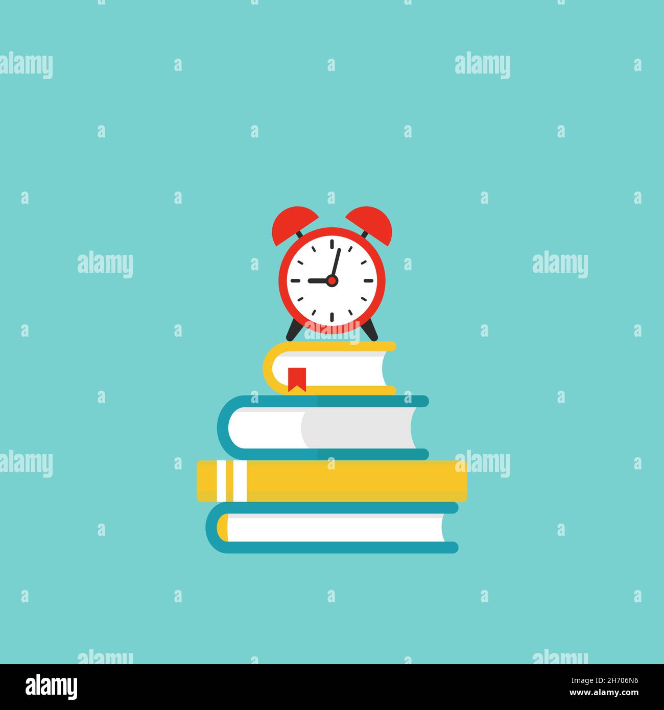 stack of turquoise books with red alarm clock. Isolated on powder blue ...