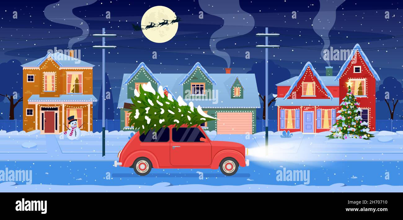 Christmas card design of car with tree on the top Stock Vector