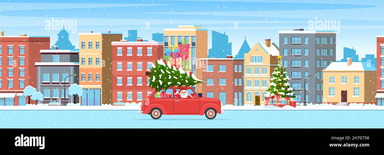 Christmas card design of car with tree on the top Stock Vector Image