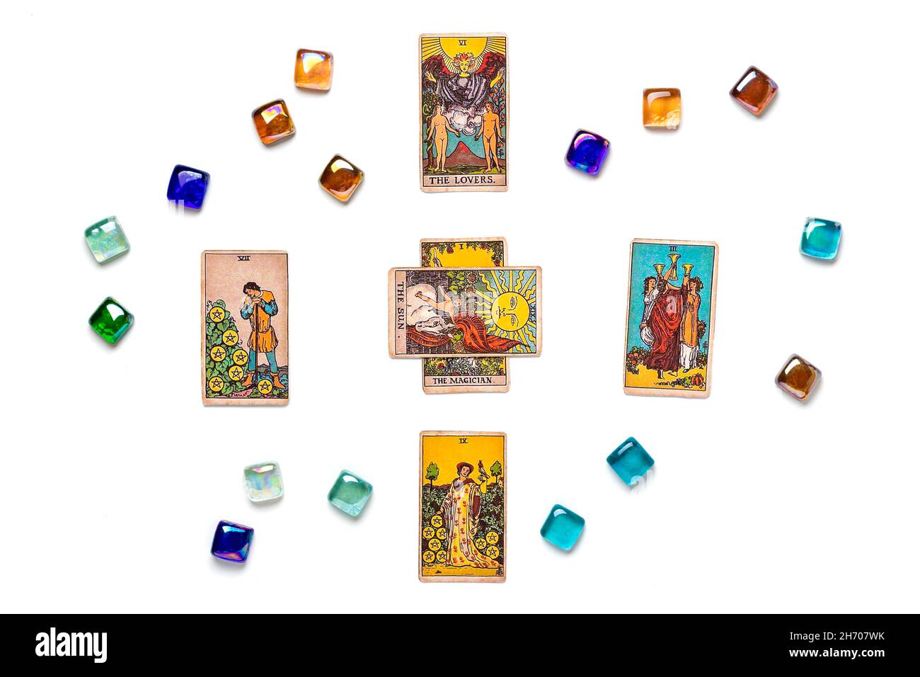 lays out tarot cards, crystal on white backgroun Flat lay Top view Fortune telling, prediction, esoteric concept. Stock Photo