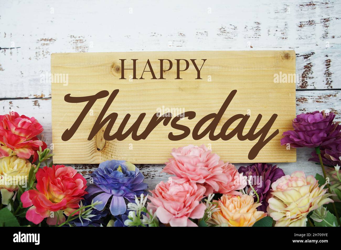 Happy Thursday text on wooden planks decoration with flower border ...