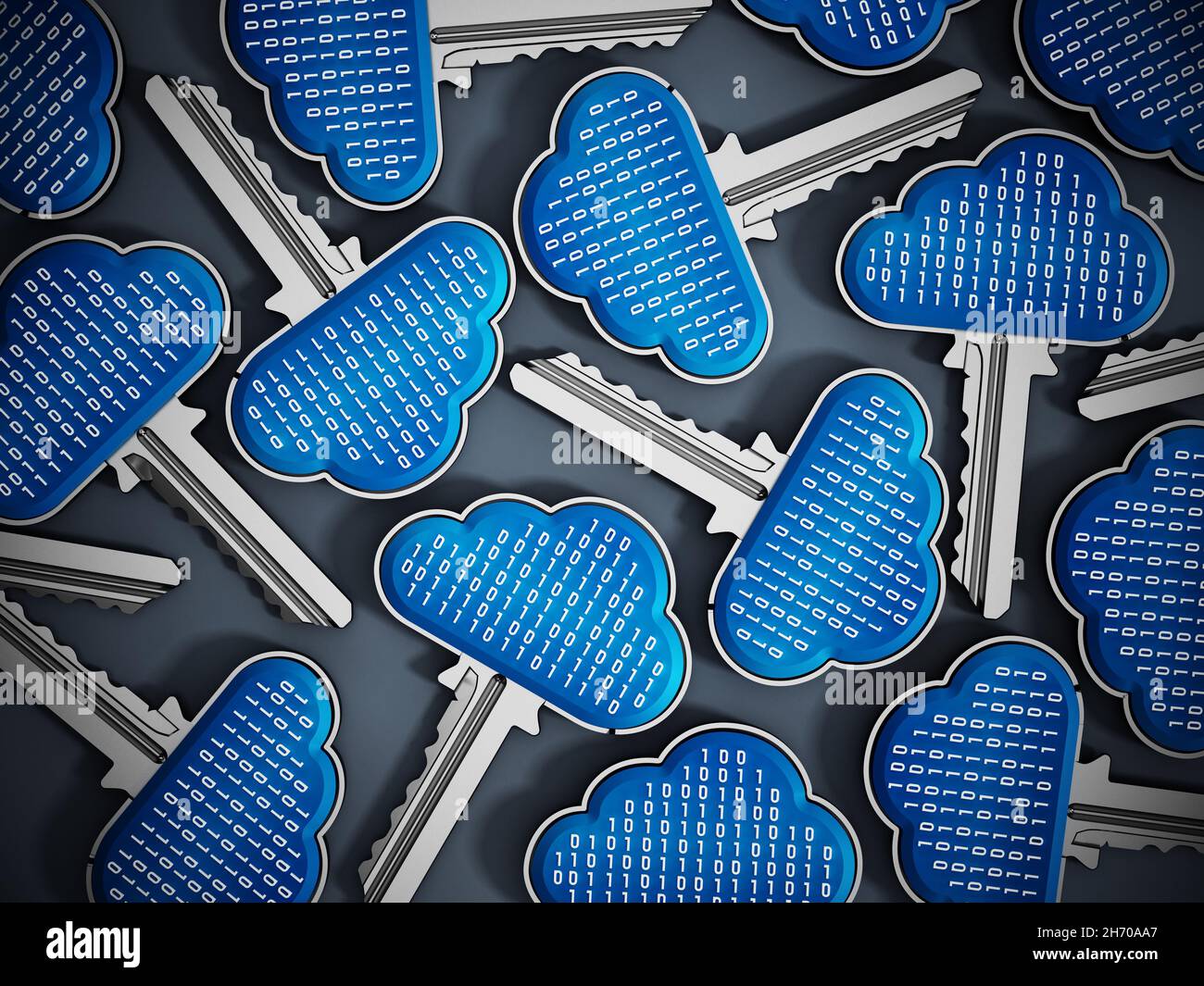 Metal keys with cloud shapes and binary codes on top. Cloud computing ...
