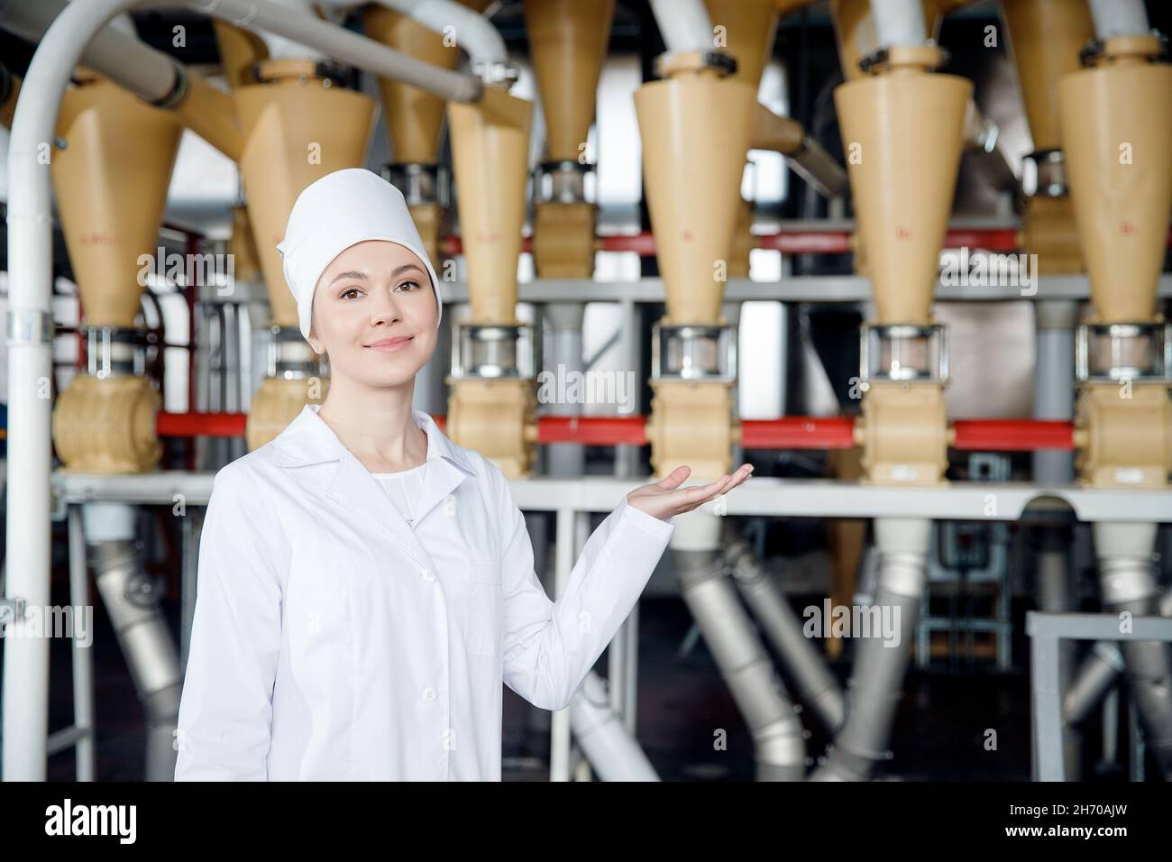 Concept modern food industrial. Operator worker woman on background electrical mill machinery