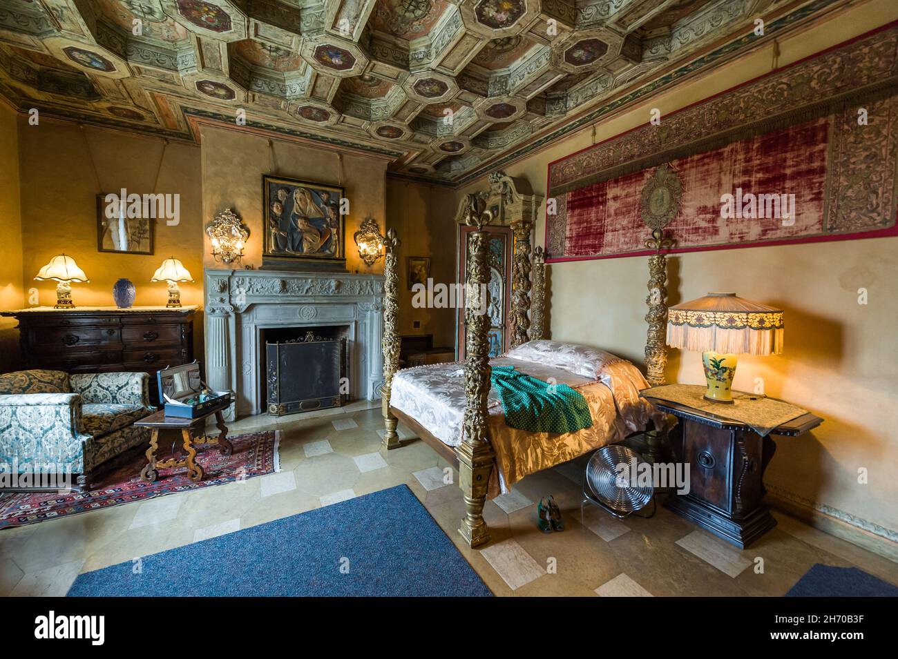 California, USA, 09 Jun 2013: Beautiful and luxurious bedroom with intricate carvings and designs at Hearst Castle., which is a National and Californi Stock Photo