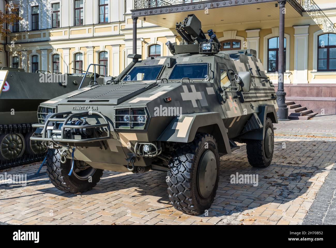 Kyiv, Ukraine - October 15, 2021: The exhibition of military equipment 'The digital future of the army' is being held on Mykhailivska Square in Kyiv. Stock Photo