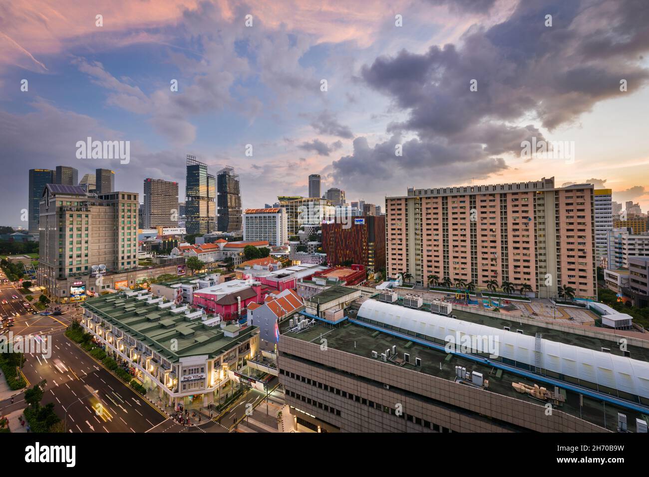 Singapore, 30 Dec 2015: Beautiful sunset of Bugis downtown area taken from Rochor Centre. Stock Photo
