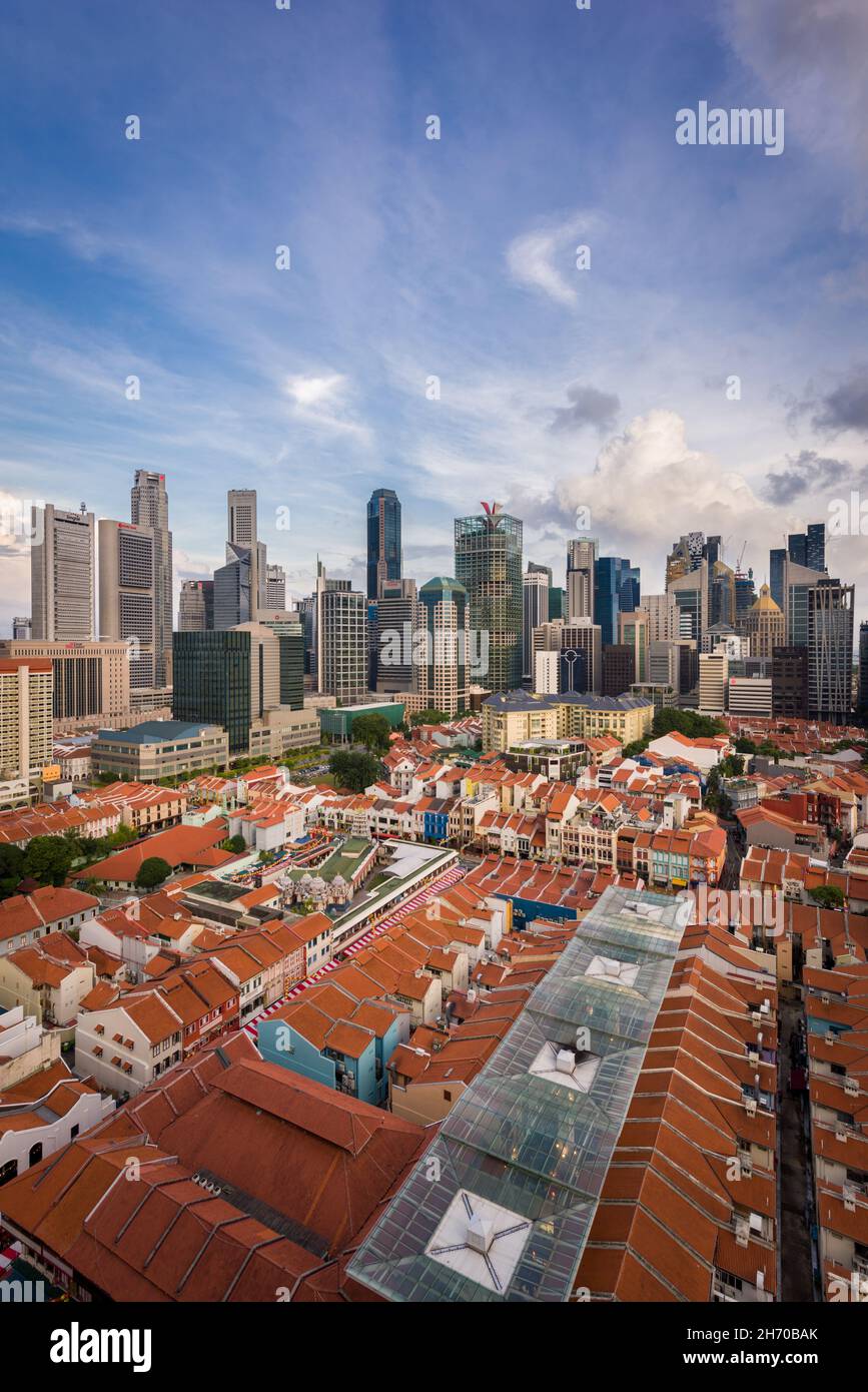 Singapore, 06 Feb 2016: Old historical buildings with modern skyscrapers of the central business and financial district in background. Stock Photo