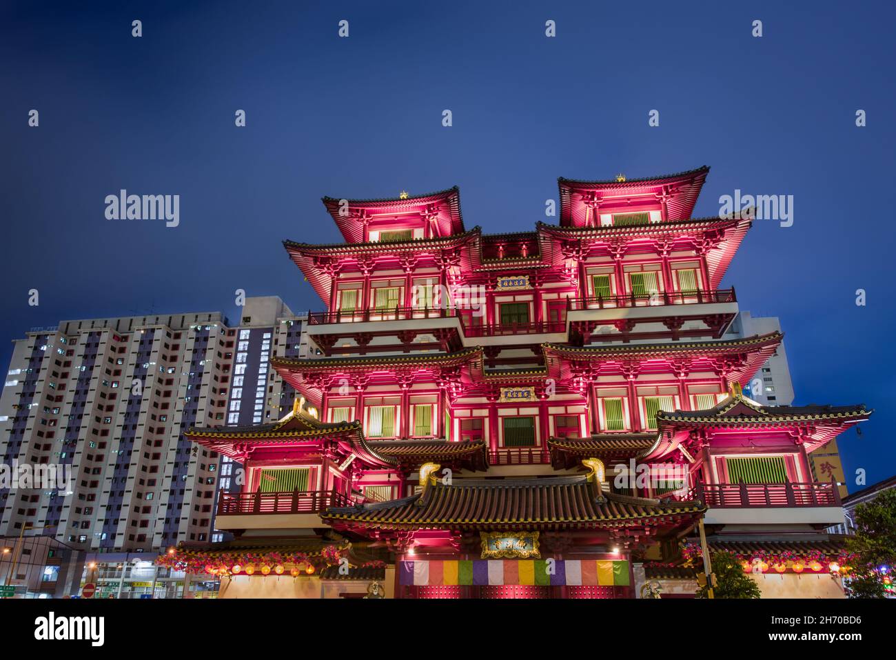 Singapore, 06 February 2016: Light up of Buddhist temple in Chinatown, Singapore. Stock Photo