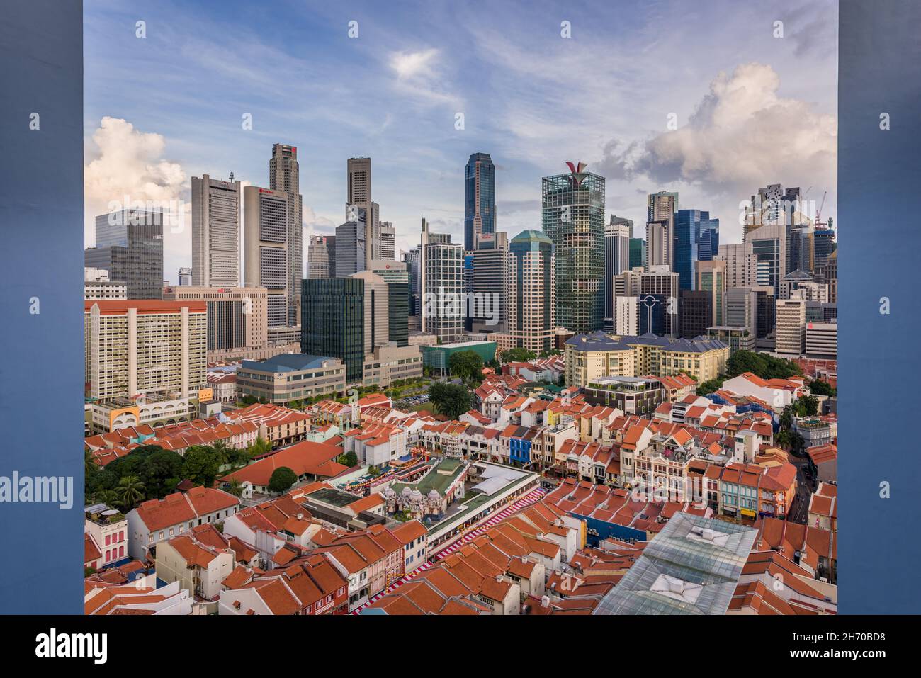 Singapore, 06 Feb 2016: Contrast of historical buildings and modern skyscrapers of the central business and financial district. Stock Photo