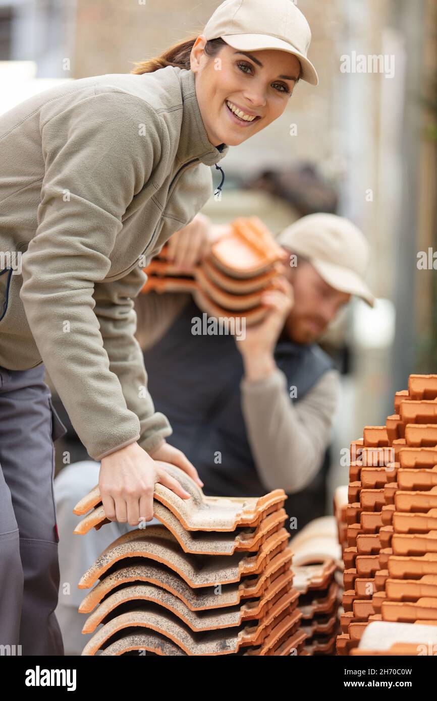 female builder at work on site Stock Photo