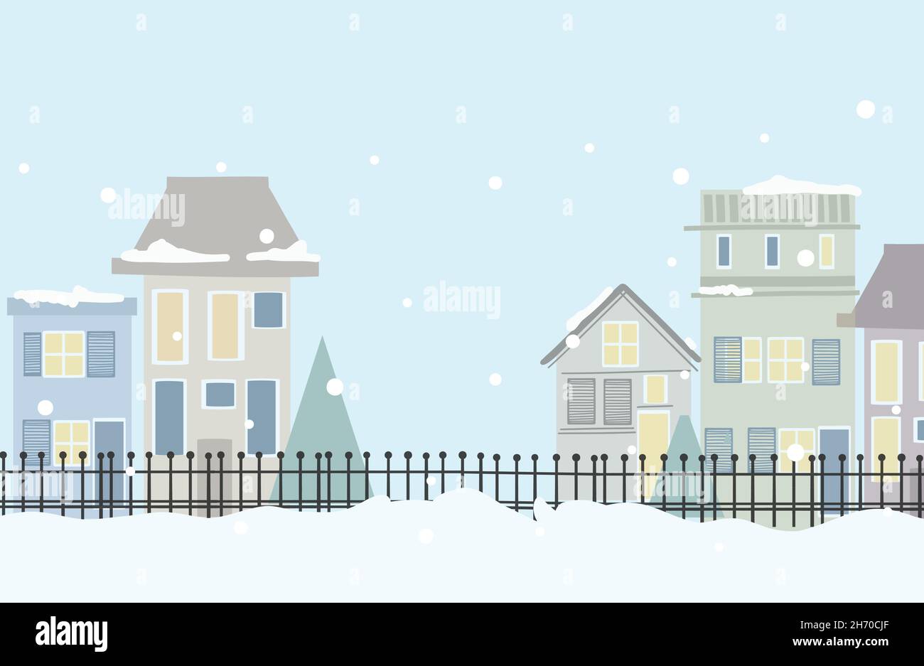 Vector illustration of winter city park with snow and big modern city background. Christmas winter city skyline. Cute styled modern flat vector illust Stock Vector