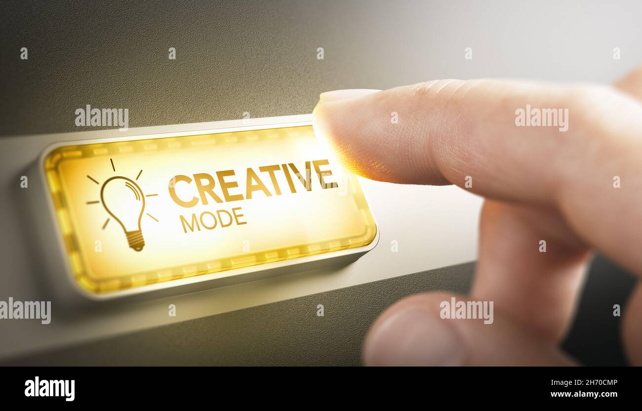 Finger pressing a rectangular button with the text creative mode. Creativity concept. Composite image between a hand photography and a 3D background. Stock Photo