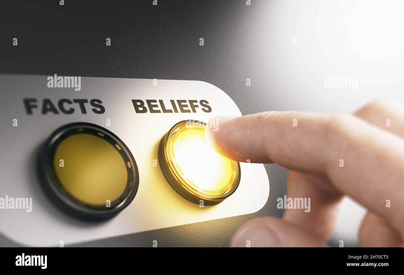Finger pressing a button with the word beliefs intead of facts during a cognitive psychological experiment. Composite image between a hand photography Stock Photo
