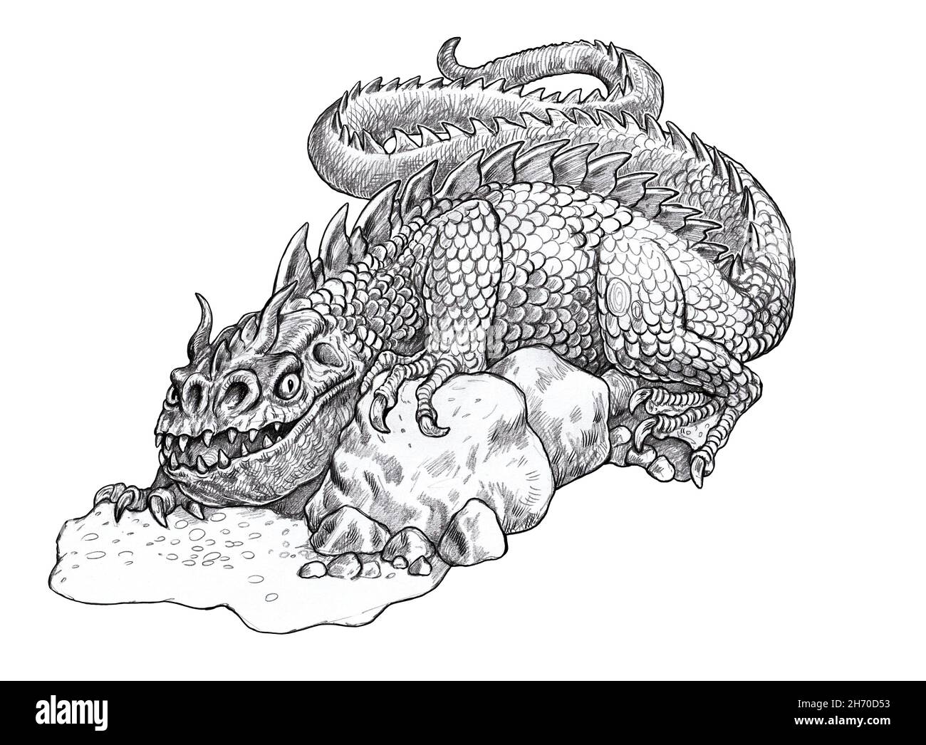 Funny dragon with horns. Fantasy drawing. Stock Photo