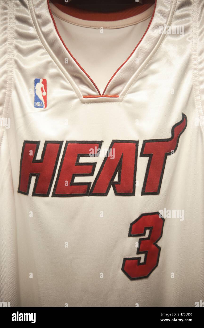 The Miami Heat number 3 jersey, shirt worn by shooting guard Dwyane Wade. At the NBA Basketball Hall Of Fame Museum. In Springfield, Massachusetts. Stock Photo